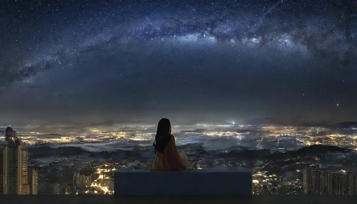 masterpiece,Octane, null, star (null), scenery, starnull, night, One girl, night null, alone, Outdoor, building, cloud, milky way, Sitting, wood, Long Hair, Cityscape,masterpiece,32k