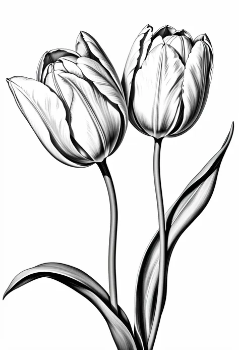 thin line drawing without shading and without black areas, tulip drawing, on white background, monochrome, black andwhite, no sh...