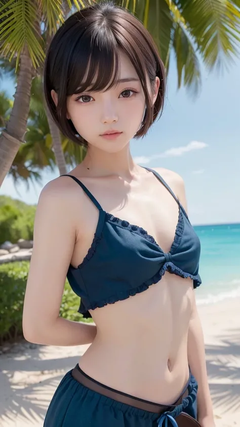 short hair、Very short hair、Short cut、A Japanese girl、（Beauty、Delicate girl：1.3）、（20-year-old：1.3）、BREAK、（Upper body from the waist up、Micro Bikini：1.3）、BREAK、Very fine grain definition、（Symmetrical eyes：1.3）、BREAK、（Beautiful sea and white sand：1.3）、BREAK、S...