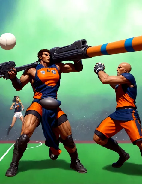 Side scrolling video game, teams of heavily armed sci fi warrior are plying volleyball, the character with the volleyball is represented by a bazooka. the action is outlandish and brutal
