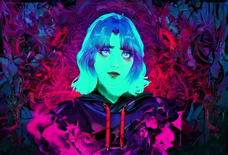 
a poster for the album,the woman in the hoodie , an album cover by Ferdynand Ruszczyc, trending on cgsociety, psychedelic art, looks a blend of grimes, looks like a mix of grimes, ) ominous vibes, cgsociety saturated colors, ultraviolet and neon colors, g...