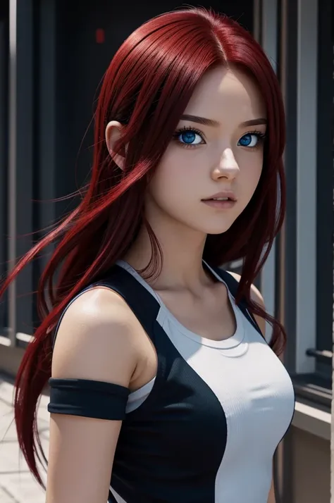 Screenshot of boku no hero academia, beautiful girl, with long black and red hair, blue eyes