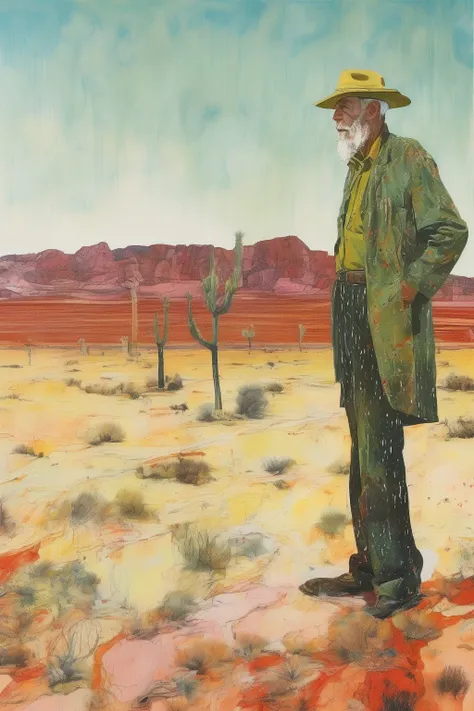 Peter Doig style，The vast desert， old man