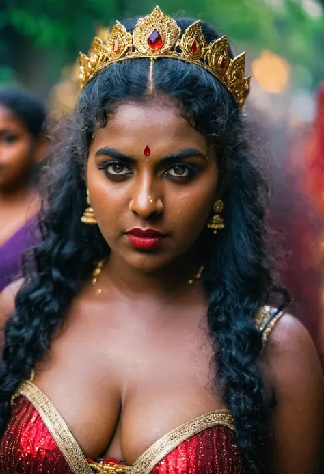 (((photo of a ancient kerala crowned temple goddess ))), (((black kali))) , (((Half Body))), (((very dark skin))), (((age 18+))), (((chubby tall))), (((huge busty milky wet big massive boobs))), (((nude thigh))), (((ancient black mini skirt))), ((black ski...