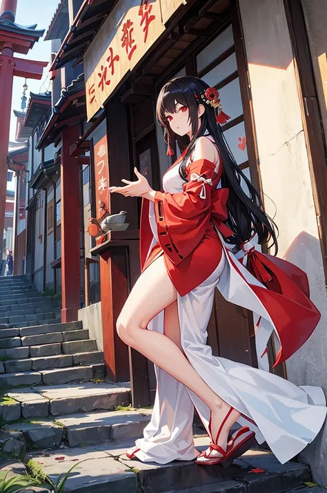 50 years old,woman,miko,Yandere,japanes miko,black hair,long hair,contrappost,red eyes,making a heart with hands,milf,mom,older sister,elder sister,yandere,shrine maiden,