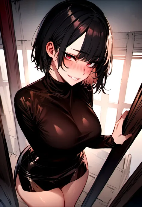 masterpiece, best quality 1girl, solo, beautiful woman, bangs, black hair, short hair, bob cut, dark red eyes, deep blush, grin, medium breasts, black turtle neck sweeter, short black skirt, plated skirt, looking at viewer 