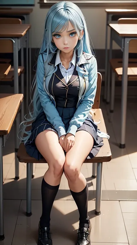 1girl, long light blue hair, dark blue, sit in class, black school modern uniform, anime