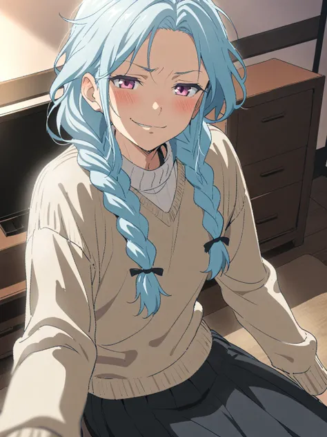 {{upper body, dutch angle}} {{Artist: sincos}} 1boy, mature male, light blue hair, long hair, braided hair, pink eyes, half-lidded, androgynous, sweater, skirt, indoors, living room, sitting, smirk, pov