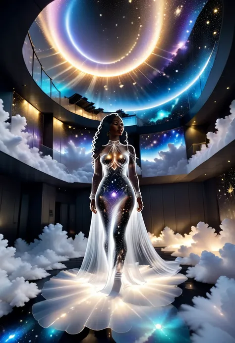 A holographic projection of a see through, translucent, transparent black woman wearing a long wavy transparent white dress, shes floating in the sky among the clouds. Black woman and dress made of beautiful emerging shining stars and galaxy. Emanating gli...