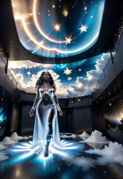 A holographic projection of a see through, translucent, transparent black woman wearing a long wavy transparent white dress, shes floating in the sky among the clouds. Black woman and dress made of beautiful emerging shining stars and galaxy. Emanating gli...