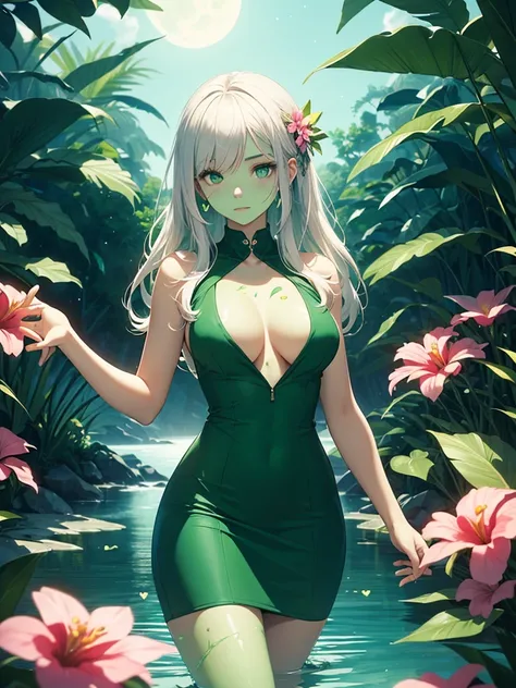 (masterpiece), best quality, expressive eyes, perfect face, (((1 young woman))), (((solo))), breasts, (((cyan eyes))), (((lush tropical background))), (((white hair))), (((flushed face))), ((((((green skin)))))), (large breasts), (thick thighs), (((standin...