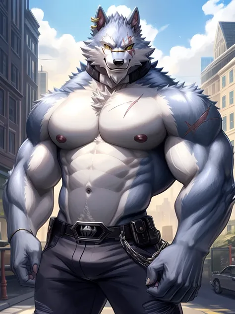 1boy, abs, animal ears, bara, belt, black pants, building, chest tattoo, city, cowboy shot, furry, furry male, grey fur, large pectorals, looking at viewer, male focus, muscular, muscular male, navel, nipples, outdoors, pants, pectorals, scar, solo, stomac...