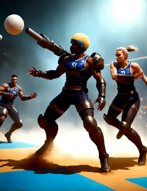 Side scrolling video game, teams of heavily armed sci fi warrior are plying volleyball, the character with the volleyball is represented by a bazooka. the action is outlandish and brutal
