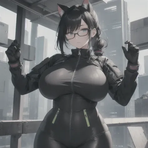 Absurd resolution,high resolution,(masterpiece: 1.4),hyper-detail,fullbody shot,head to toe,full frontal camera perspective,solo,shorter,standing,glasses,kemono feline cat futanari, puffy inverted nipple silhouette,no skin other than neck and head shown,wa...