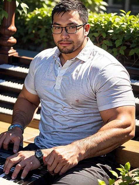 crew cut, (((full body))), (((landscape))), mature man, [slightly fat], asian man, rounded face, brown eyes, ((rounded face)), glasses, balding, 1boy, Solo, (big shoulders), musculature, (((stubbles, Short beard))), playing piano, polo shirt,