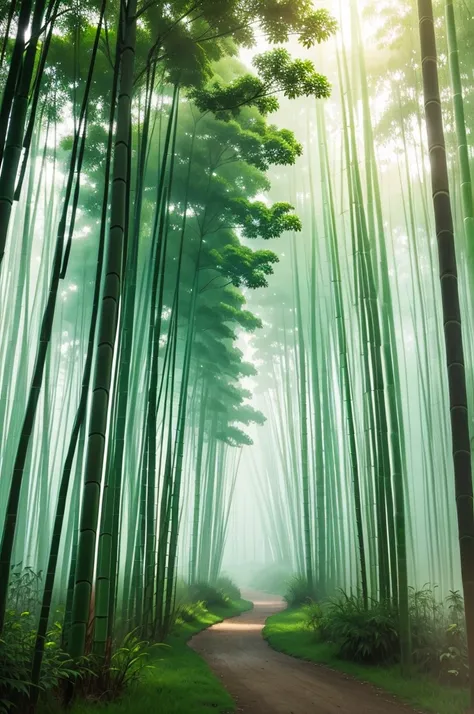 Green bamboo forest covered with mist