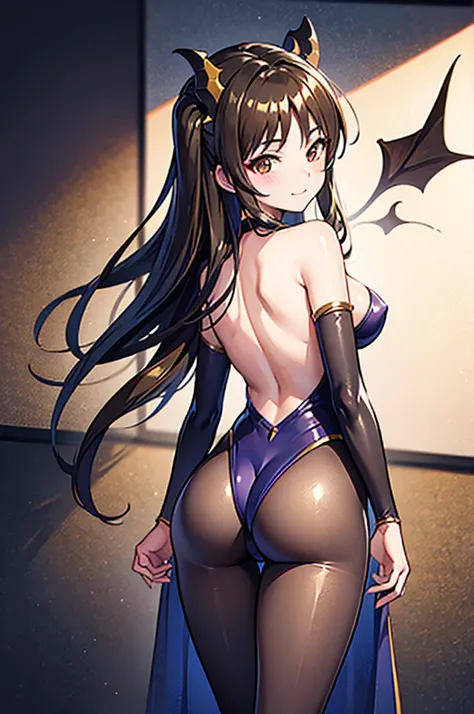 Highest quality　Highest quality　Draw a face carefully　High-definition anime-style face　Super Glowing Skin　Brown leotard　Golden pantyhose　Succubus　lure　smile　Rear view　Back view　Ass close up