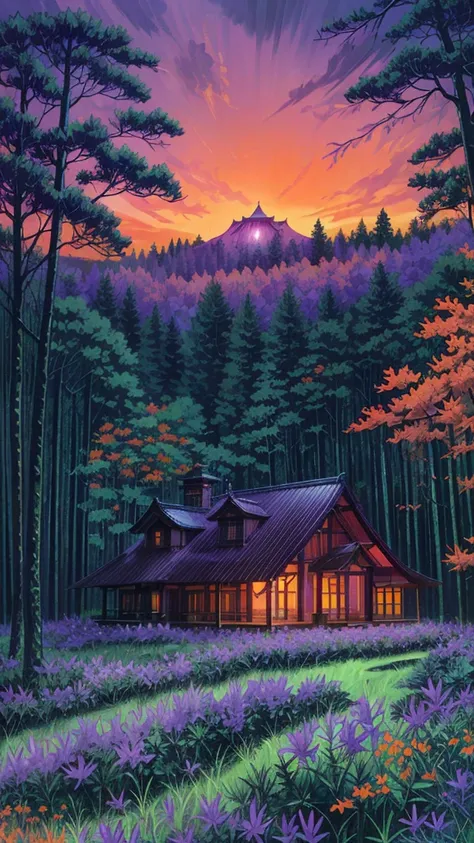 Forest scenery filled with purple wild flowers, green trees and beautiful orange sky and bungalow with blue roof