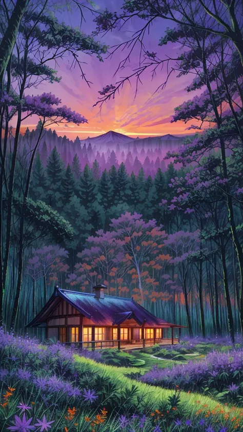 Forest scenery filled with purple wild flowers, green trees and beautiful orange sky and bungalow with blue roof