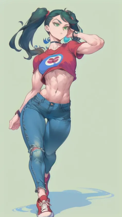 Full body image of Juniper Lee from The Life and Times of Juniper Lee, full body in image, wearing her original outfit (green crop top, blue jeans, and red sneakers), long black hair in pigtails, female body, slender and athletic body, dynamic pose, detail...