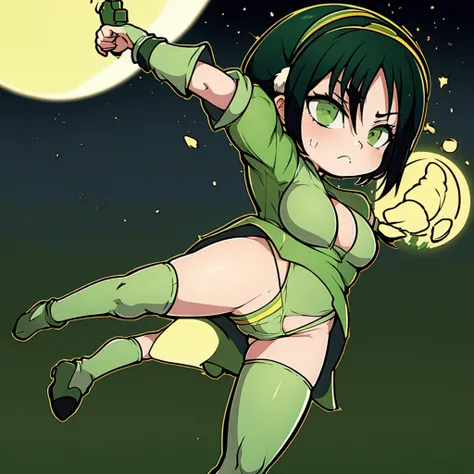 Masterpiece ,ultra detailed, toph beifong,  Angry face, blind , solo , green  jacket, open clothes,  sport bra , huge breasts,(loli body) panties  , long  socks  , looking at viewer . Standing front   ,night , moon background. Dark cenary .