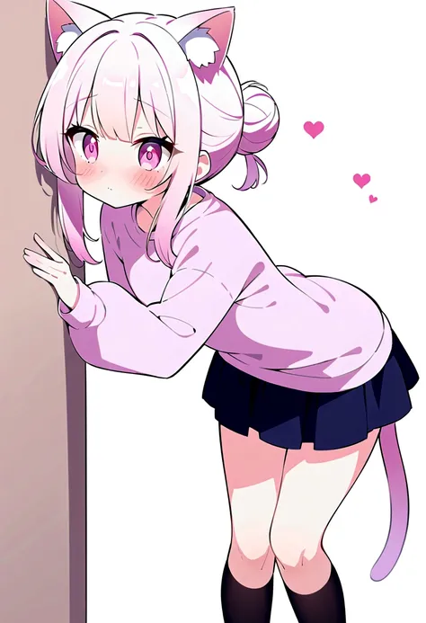 I have white pink hair, cat ears, a bun, my face is super blushing, black glasses, pink heart eyes, a big pink sweatshirt, a black skirt, black stockings, white shoes, a cat&#39;s tail, a girl. very shy that she is glued to a wall with her butt