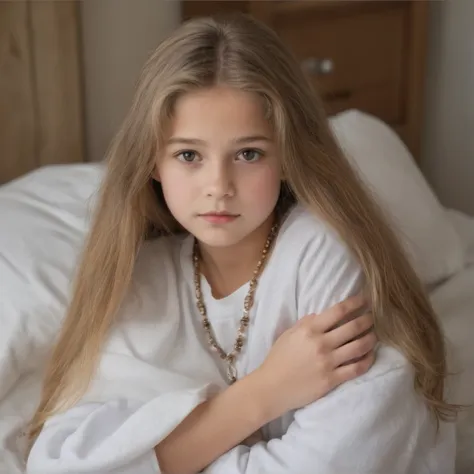 a 12 year old american girl ,it is captured in a moment of tranquility. your head is gently cradled by a gentle, white pillow, s...