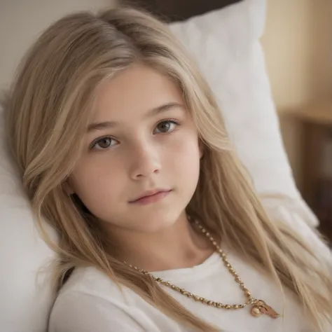 a 12 year old american girl ,it is captured in a moment of tranquility. your head is gently cradled by a gentle, white pillow, s...