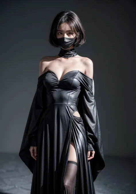 Sexual. A model wearing an avant-garde dress with a futuristic helmet, standing in front of a dark grey background. The outfit is made from gray fabric and features unique shapes that resemble water droplets or spheres. It has wide sleeves with metallic de...