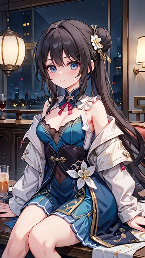 Masterpiece, high quality, 4k, best quality, Paris France city background, Ruan Mei had light brown hair, casually tied into a bun with a few safety pins and ribbons. Her clothes are dominated by blue and white, her dress is made in the traditional Luofu X...