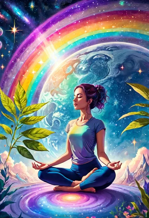 beautiful woman doing yoga in outer space, chakra, mandala, above the earth, mystical world, plants, shooting stars, pastel rain...