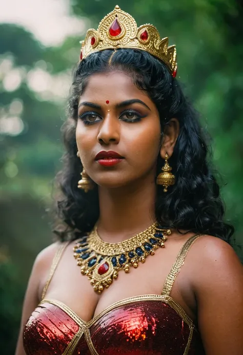 (((photo of a ancient kerala crowned temple goddess ))), (((black kali))) , (((Half Body))),   (((very dark skin))), (((age 18+))), (((plus size chubby tall))), (((huge busty milky wet big massive boobs))), (((nude thick thigh))), (((ancient black mini ski...