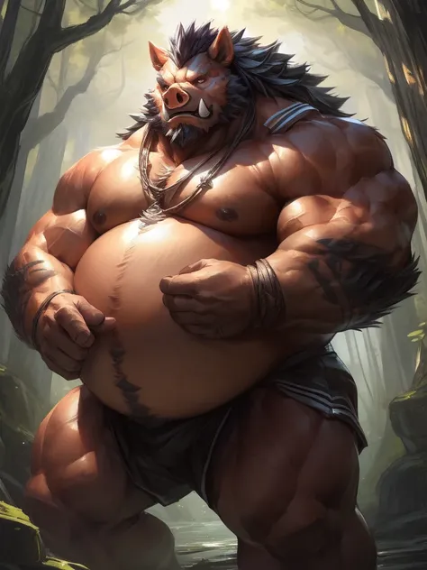 lindong, lucusold, a man with a huge muscular and fat hog, boar walking in fantasy word, magic forest, glowing plants, ((muscular, musclegut, huge belly)), thicc, lowres, giant and muscular, danbooru and artstation, heavy detailed, insanely inflated hips, ...