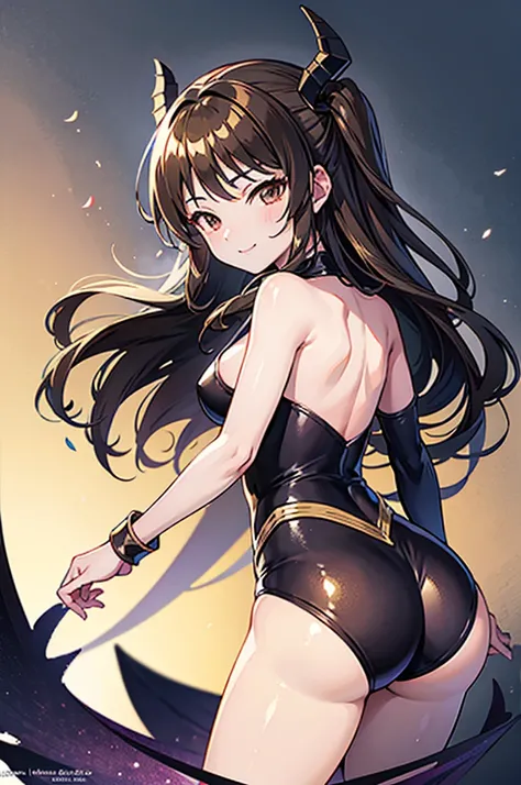 Highest quality　Highest quality　Draw a face carefully　High-definition anime-style face　Super Glowing Skin　Brown leotard　Golden pantyhose　Succubus　lure　smile　Rear view　Back view　Ass close up