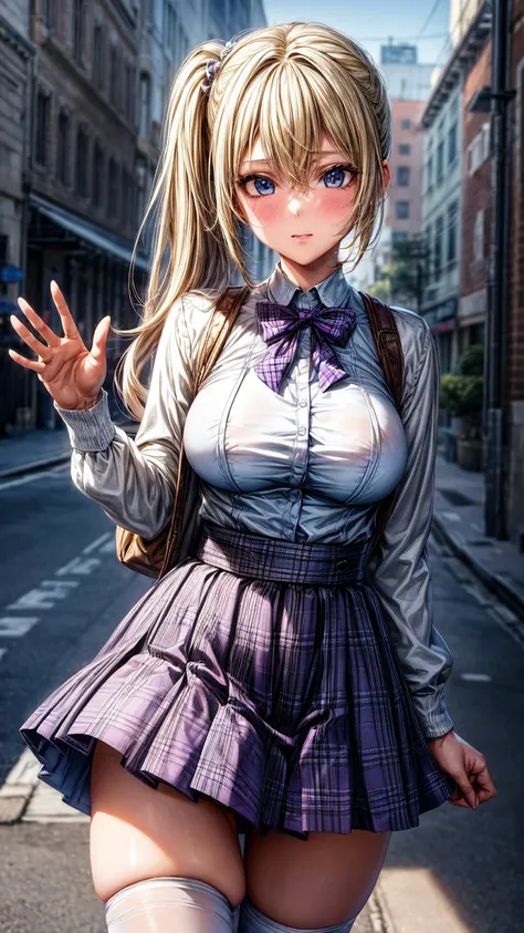 1girl,masterpiece,best quality,blonde hair,(ponytails),blue eyes,(white stockings),(purple plaid skirt),short skirt,standing,in full length,medium breasts,white t shirt,in front of streets,extremely detailed,[[realistic]],beautiful alluring anime teen,sedu...