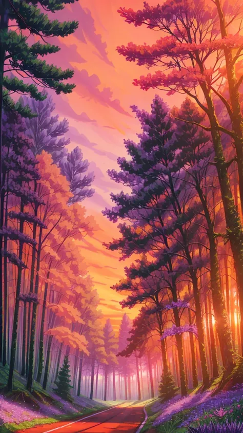 Forest scenery filled with purple wild flowers, green trees and beautiful orange sky and a road