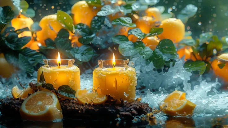 there are two candles that are sitting on a table, peaceful atmosphere, warm and beautiful scenery, beautiful atmosphere, peacef...