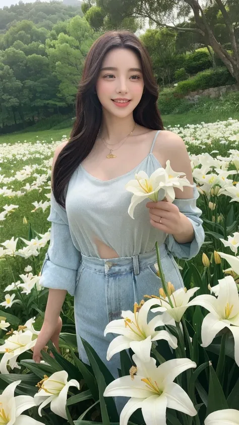 （lifelike， high resolution：1.3）， close up，Sense of story，Realism，Chinese aesthetics，In a valley of lilies。Lily is pure white，Symbolizes purity and holiness。Her smile is sweet，Full of gentle breath。A necklace made of lilies is hung around the neck，The surro...