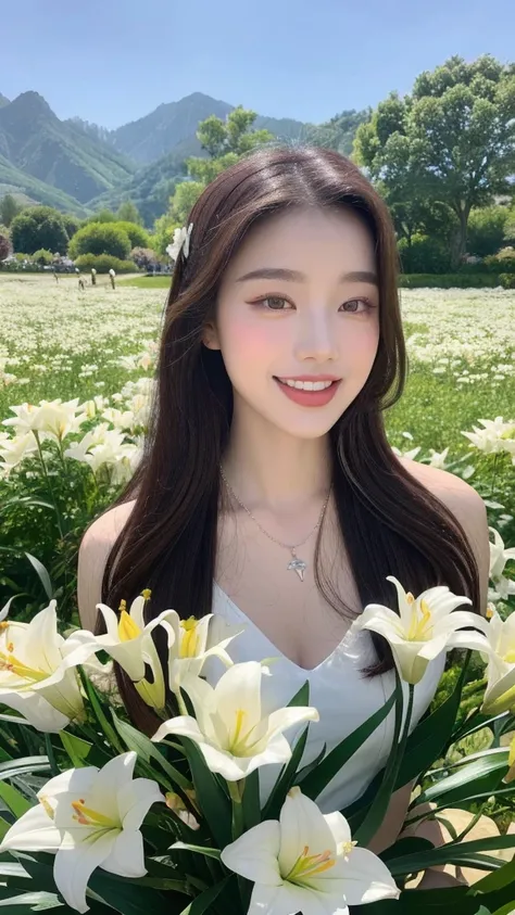 （lifelike， high resolution：1.3）， close up，Sense of story，Realism，Chinese aesthetics，In a valley of lilies。Lily is pure white，Symbolizes purity and holiness。Her smile is sweet，Full of gentle breath。A necklace made of lilies is hung around the neck，The surro...