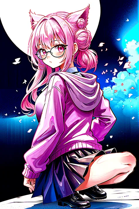 I have white pink hair, cat ears, a bun, my face is super blushing, black glasses, pink heart eyes, a big pink sweatshirt, a black skirt, black stockings, white shoes, a cat&#39;s tail, a girl. very shy I am on a fence with my back showing my butt