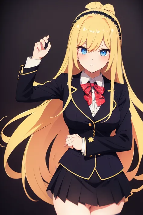 ((schoolgirl)), ((anime)), ((tsundere)), 1girl, long hair, blond hair, loose hair, hime cut, black hairband, sidelocks, stern expression, blushing, dark blue eyes, fair skin, big breasts, honor student, dark blue blazer, double breasted blazer, white shirt...