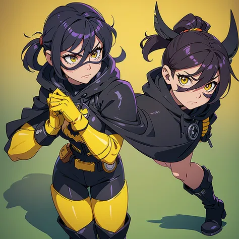 I want you to create a fanart of the superhero character Batgirl.  She wears Mask: Black, covering the upper part of her face and head leaving her hair loose below the mask.  She wears Cape: Shorter, black with yellow lining.  her outfit is purple, with a ...