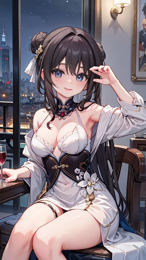 Masterpiece, high quality, 4K, best quality, Paris France city background, Ruan Mei had light brown hair, casually tied into a bun with a few safety pins and ribbons. Her clothes are dominated by blue and white, her dress is made in the traditional Luofu X...