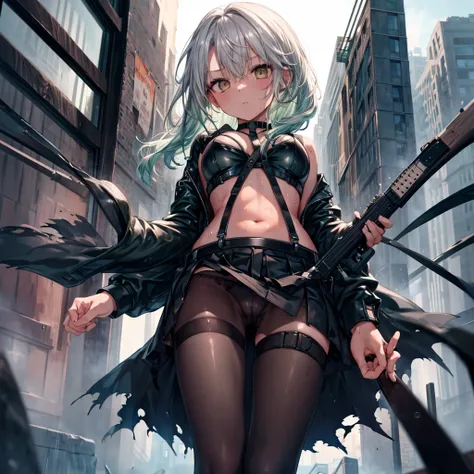 ((Highest quality)), ((masterpiece)), ((detailed)), (4K), 1girl, 独奏, (eyepatch), middle hair, green hair, crop top, leather jacket, large breasts, Torn miniskirt, suspender skirt, torn pantyhose, panties under pantyhose, choker, bracelet, (rain), ((wet)), ...