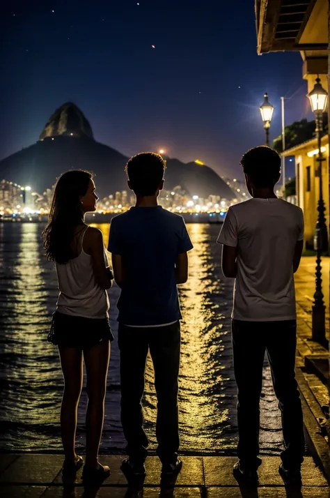 Two boys and a girl looking back at the night landscape of Rio de Janeiro