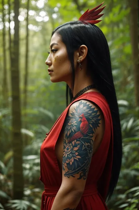 make me a avatar of a fierce woman named Chin. She stands confidently, adorned with beautiful tattoos, and a Cardinal bird perches beside her. and she is in the forest make it human(Make the avatar the size of profile picture)