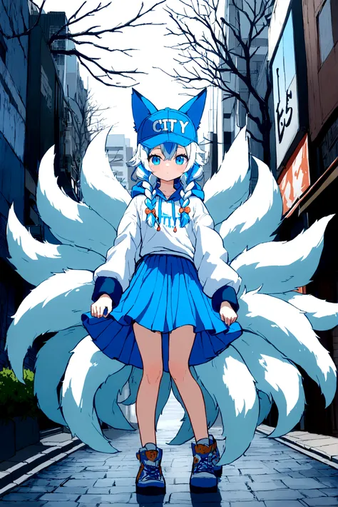 1 girl, Adolescence, (animal ears), ever forward, whole body, gazing at viewer, hair between the eyes, hair ornament, multicolored hair, twin braids, fox tail, (multiple tails:1.3), distinctive, bangss, (blue baseball cap:1.2), clothes writing, white  clot...