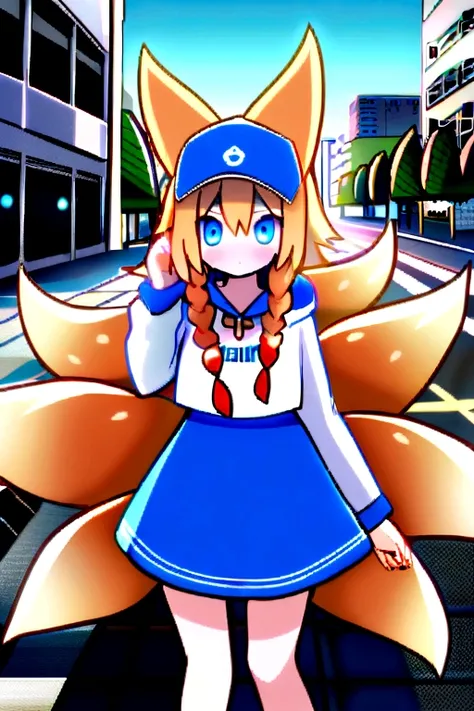 1 girl, Adolescence, (animal ears), ever forward, whole body, gazing at viewer, hair between the eyes, hair ornament, multicolored hair, twin braids, fox tail, (multiple tails:1.3), distinctive, bangss, (blue baseball cap:1.2), clothes writing, white  clot...