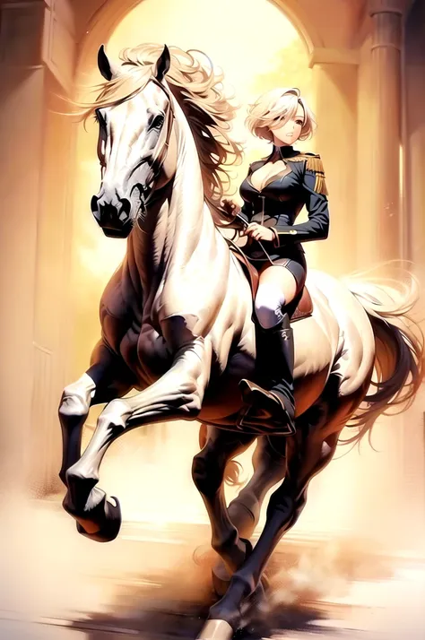 ((best quality)), ((anime masterpiece)), (high detailed), 8k, cinematic lighting, perfect face, large breast, cleavage, blue eyes, 1girl riding a WHITE HORSE, short hair, pixie cut, {blonde hair}, (sexy uniform, miniskirt, bare legs, black boots), [white h...