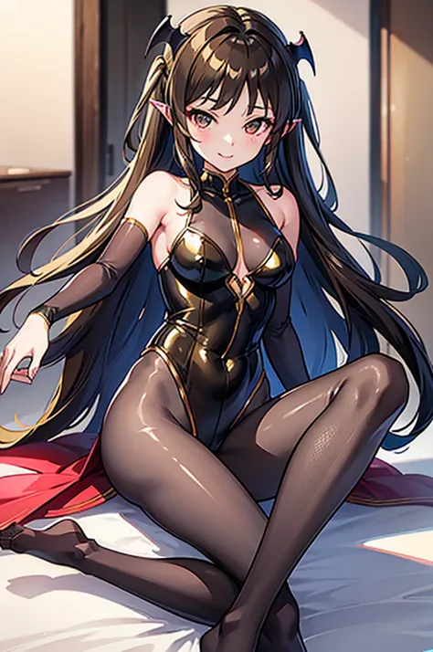 Highest quality　Highest quality　Draw a face carefully　High-definition anime-style face　Super Glowing Skin　Brown leotard　Golden pantyhose　Succubus　lure　smile　Show the soles of your feet